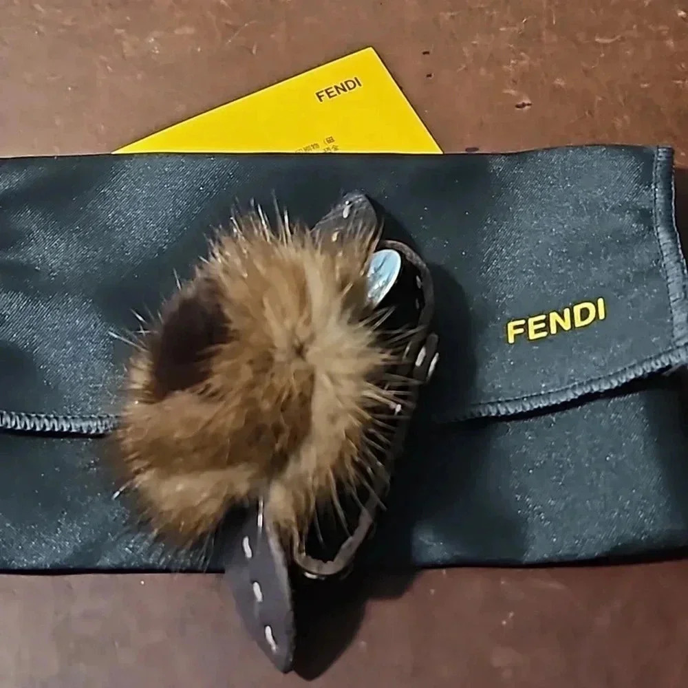 Fendi Selleria Pom Pom Brown Leather Bracelet